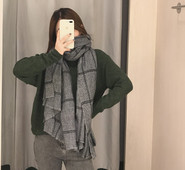 Modern téli kockás sál szürke, rojtokkal