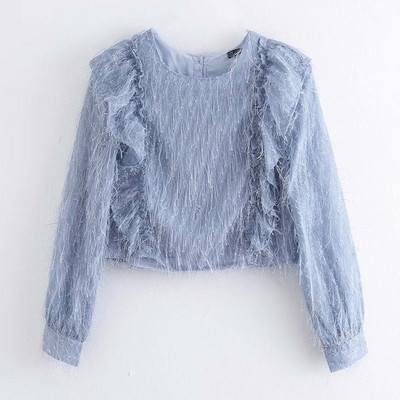 Modern rövid kék blúz rojtokkal és fürtökkel