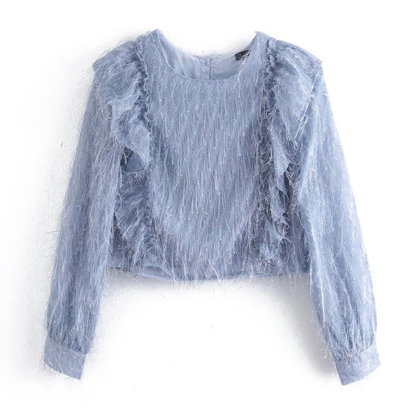 Modern rövid kék blúz rojtokkal és fürtökkel