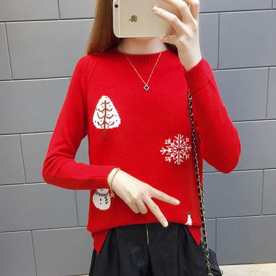 Pulover de iarnă de damă cu motive de Crăciun și decolteu oval în alb, galben, roșu și negru