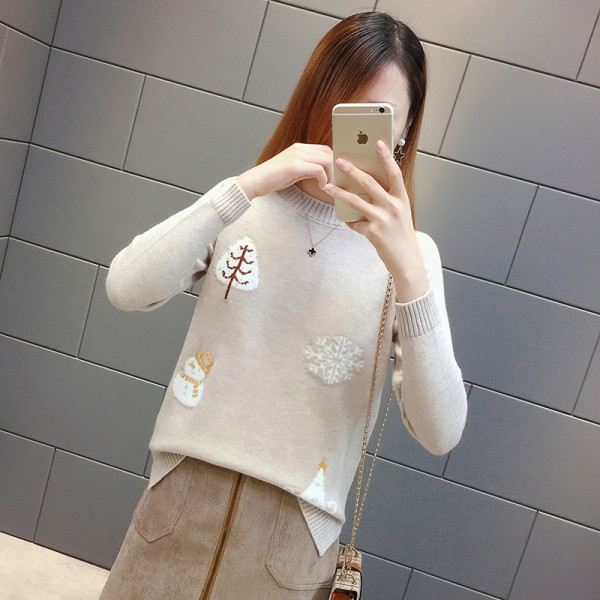 Pulover de iarnă de damă cu motive de Crăciun și decolteu oval în alb, galben, roșu și negru