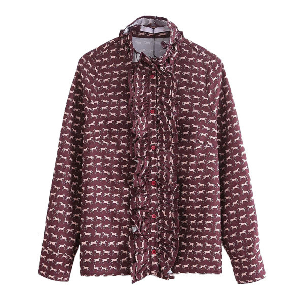 Modern női ing fürtökkel és félmagas gallérral bordó színben mintás mintával