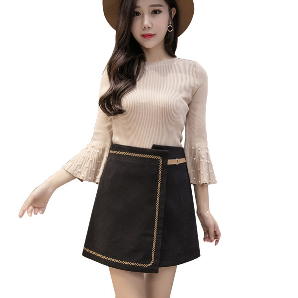 Női téli szoknya fekete, zöld és piros színben, magas derékkal