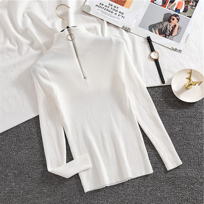 Bluză casual de damă în șase culori, cu guler semi-înalt și fermoar