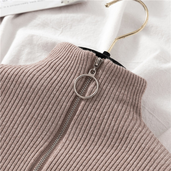 Bluză casual de damă în șase culori, cu guler semi-înalt și fermoar