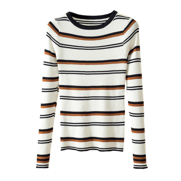 Fekete-fehér csíkos női blúz kerek nyakkivágással és hosszú ujjal