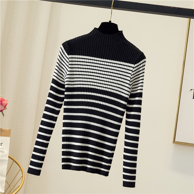 Csíkos női pulóver több színben, magas gallérral és hosszú ujjal