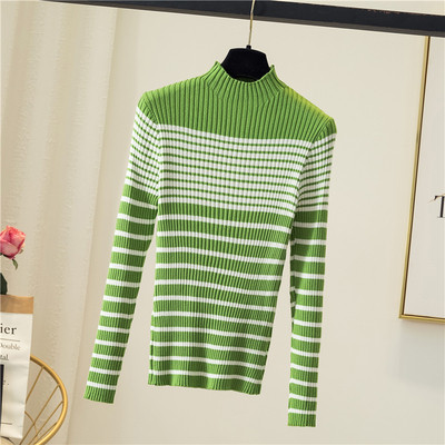 Csíkos női pulóver több színben, magas gallérral és hosszú ujjal