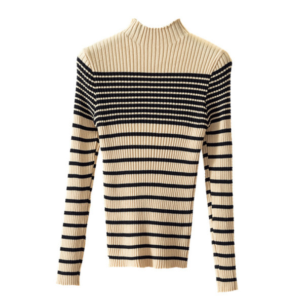 Csíkos női pulóver több színben, magas gallérral és hosszú ujjal