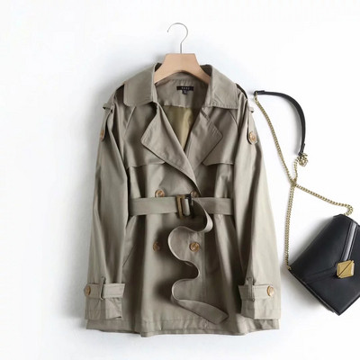 Palton scurt de dama de primavara-toamna cu curea si nasturi in bej si maro