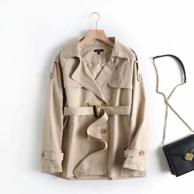 Palton scurt de dama de primavara-toamna cu curea si nasturi in bej si maro