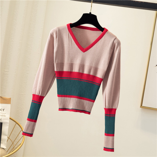 Női alkalmi blúz fekete, kék és bézs színben, V-nyakkal