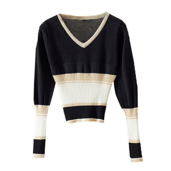 Női alkalmi blúz fekete, kék és bézs színben, V-nyakkal