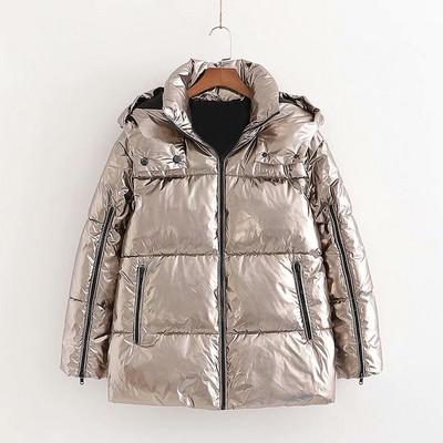 Rövid, ezüst színű téli kabát kapucnival és cipzárral