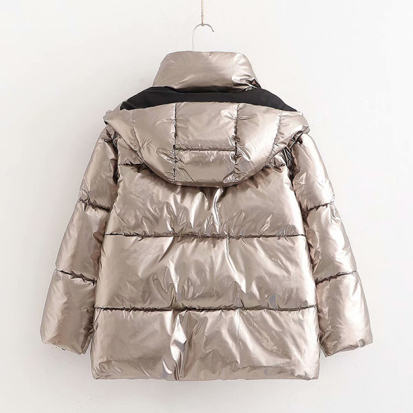 Rövid, ezüst színű téli kabát kapucnival és cipzárral