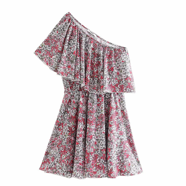 Rövid szabású tavaszi-nyári ruha csupasz vállval, virágmintával