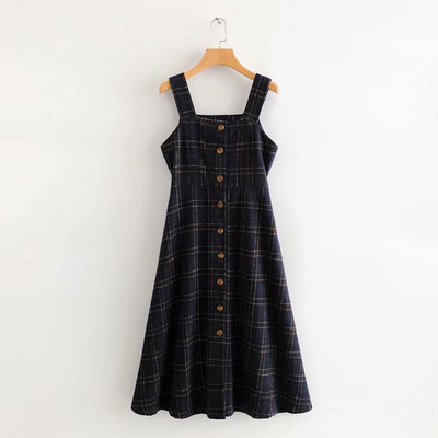 Rochie lungă în carouri cu bretele și nasturi în albastru