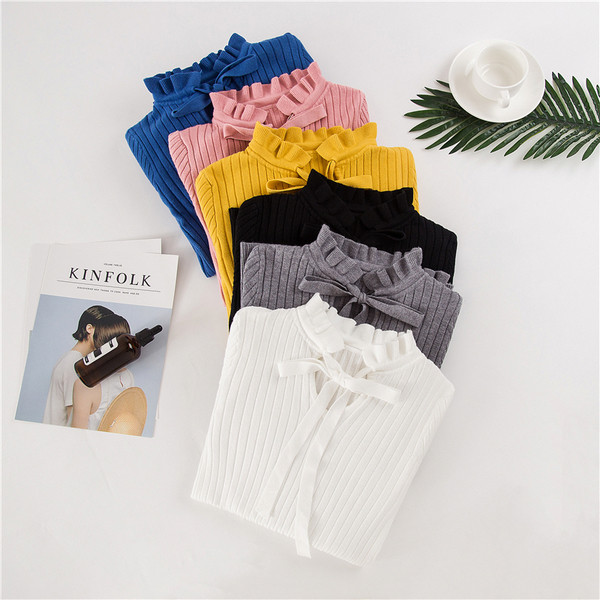 Modern női pulóver hat színben alacsony gallérral és nyakkendővel