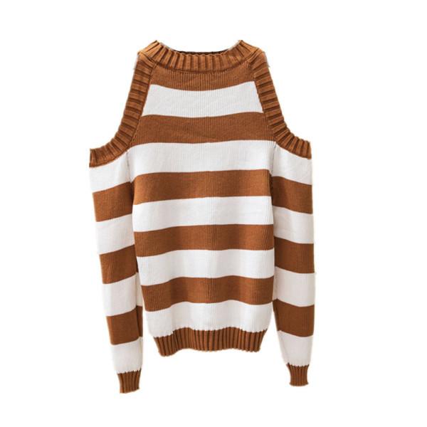 Csíkos női pulóver négy színben, kerek nyakkivágással, csupasz vállakkal