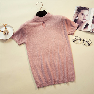 Γυναικεία πλεκτή  μπλούζα με κοντό μανίκι και στρογγυλή λαιμόκοψη