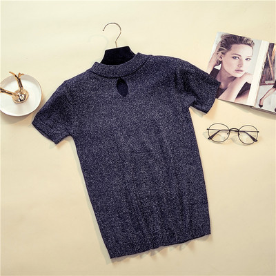 Γυναικεία πλεκτή  μπλούζα με κοντό μανίκι και στρογγυλή λαιμόκοψη