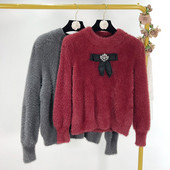 Modern pehely őszi-téli pulóver szalaggal és kövekkel szürke és bordó színben