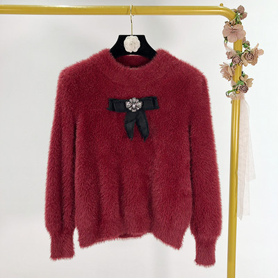 Modern pehely őszi-téli pulóver szalaggal és kövekkel szürke és bordó színben