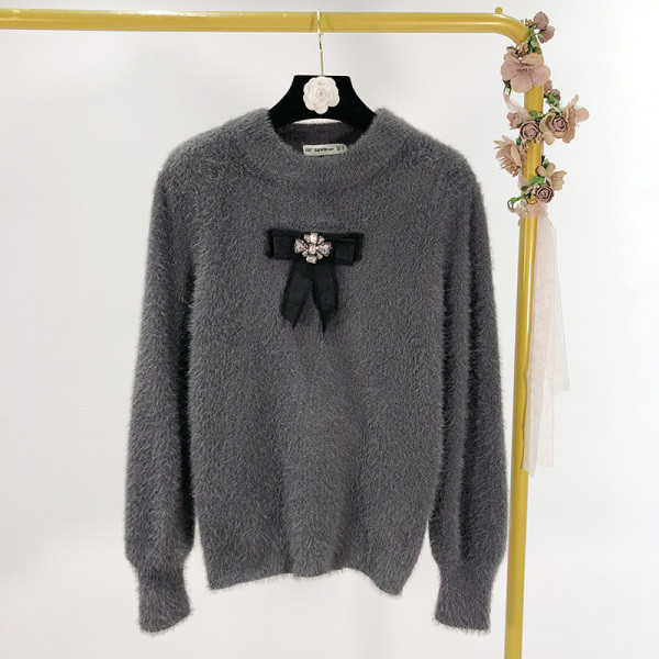 Modern pehely őszi-téli pulóver szalaggal és kövekkel szürke és bordó színben