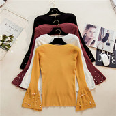 Divatos női pulóver öt színben, lótusz ujjakkal és gyöngyökkel