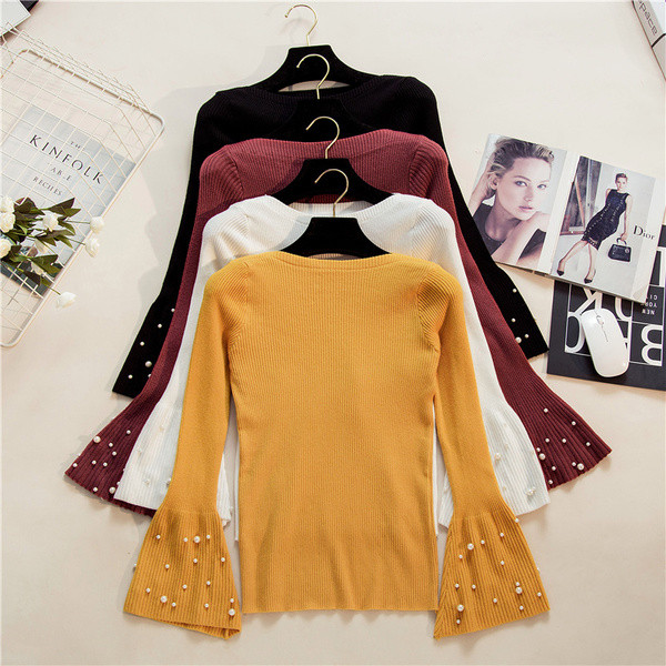 Divatos női pulóver öt színben, lótusz ujjakkal és gyöngyökkel