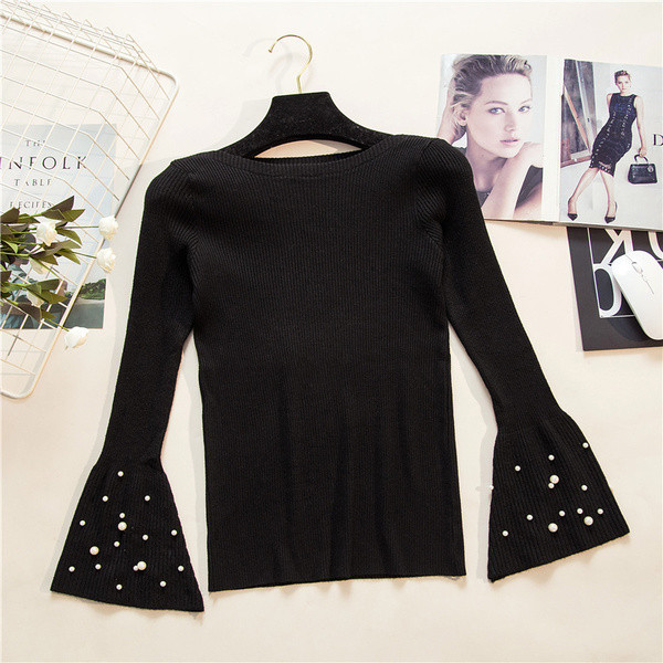 Divatos női pulóver öt színben, lótusz ujjakkal és gyöngyökkel