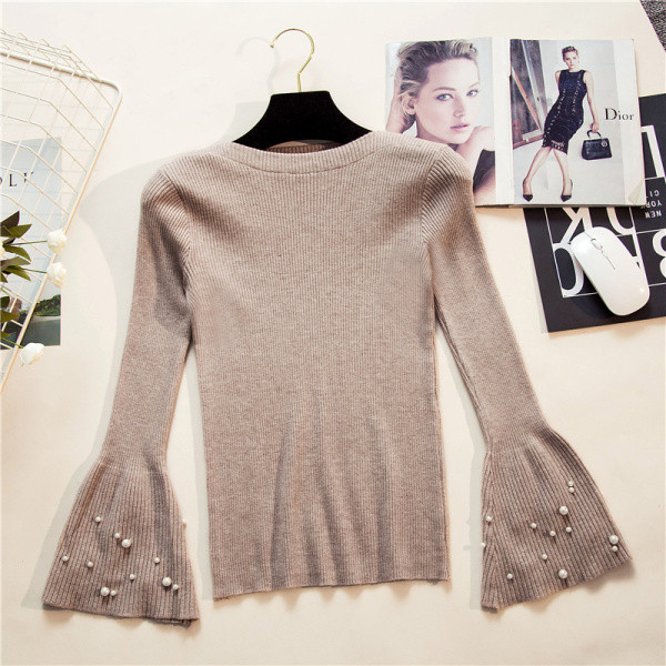 Divatos női pulóver öt színben, lótusz ujjakkal és gyöngyökkel