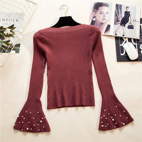 Divatos női pulóver öt színben, lótusz ujjakkal és gyöngyökkel