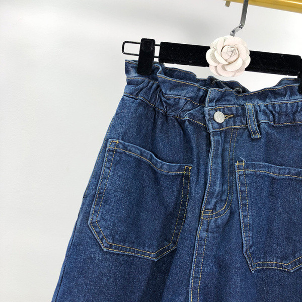 Hosszú, kék farmernadrág magas elasztikus derékkal és zsebekkel - egyenes modell
