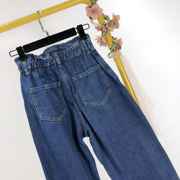 Hosszú, kék farmernadrág magas elasztikus derékkal és zsebekkel - egyenes modell