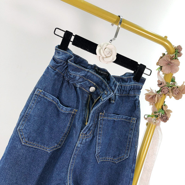 Hosszú, kék farmernadrág magas elasztikus derékkal és zsebekkel - egyenes modell