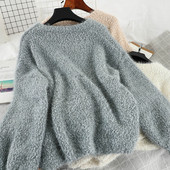 Pulover de dama in albastru, alb si bej cu decolteu rotund si maneci lungi