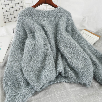 Pulover de dama in albastru, alb si bej cu decolteu rotund si maneci lungi