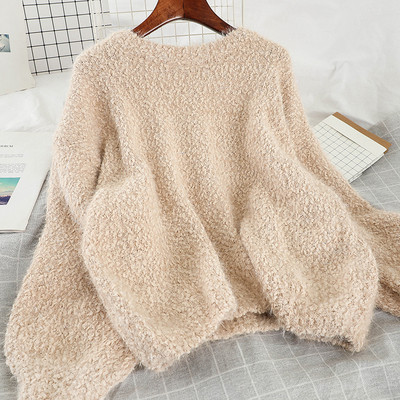 Pulover de dama in albastru, alb si bej cu decolteu rotund si maneci lungi