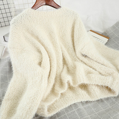 Pulover de dama in albastru, alb si bej cu decolteu rotund si maneci lungi