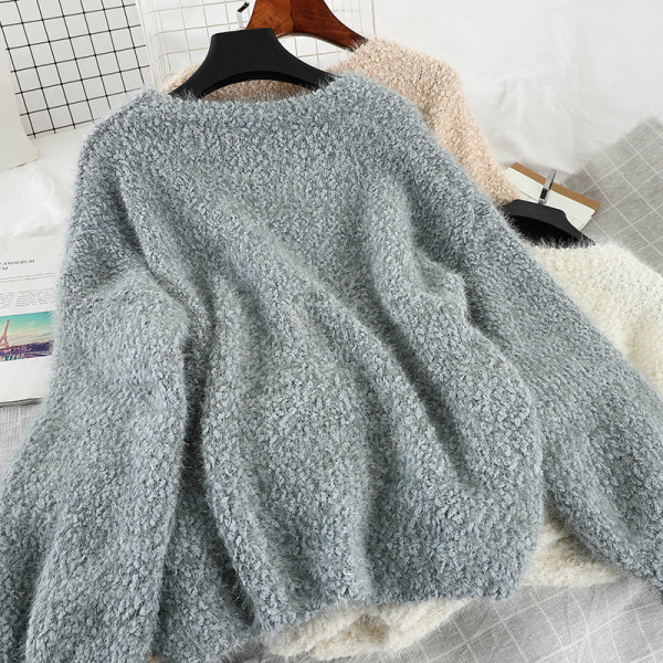 Pulover de dama in albastru, alb si bej cu decolteu rotund si maneci lungi