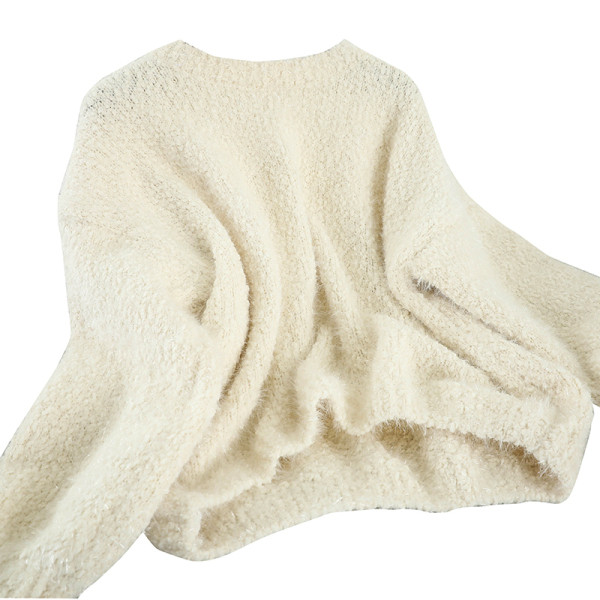 Pulover de dama in albastru, alb si bej cu decolteu rotund si maneci lungi