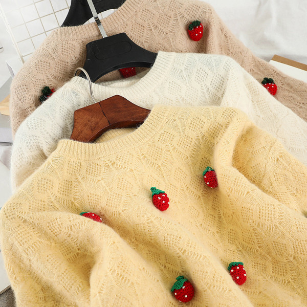 Bézs, sárga és fehér színű női pulóver kerek nyakkivágással, 3D elemekkel