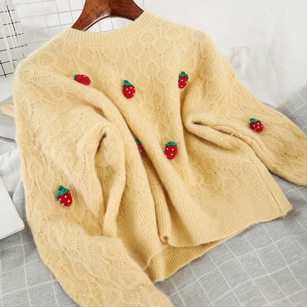 Bézs, sárga és fehér színű női pulóver kerek nyakkivágással, 3D elemekkel