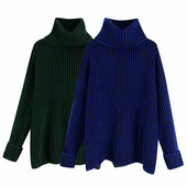 Pulover de iarna model larg cu guler polo in albastru si verde