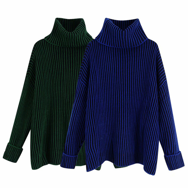 Pulover de iarna model larg cu guler polo in albastru si verde