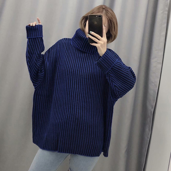 Pulover de iarna model larg cu guler polo in albastru si verde