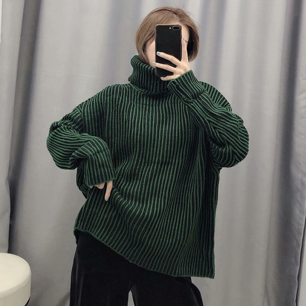 Pulover de iarna model larg cu guler polo in albastru si verde