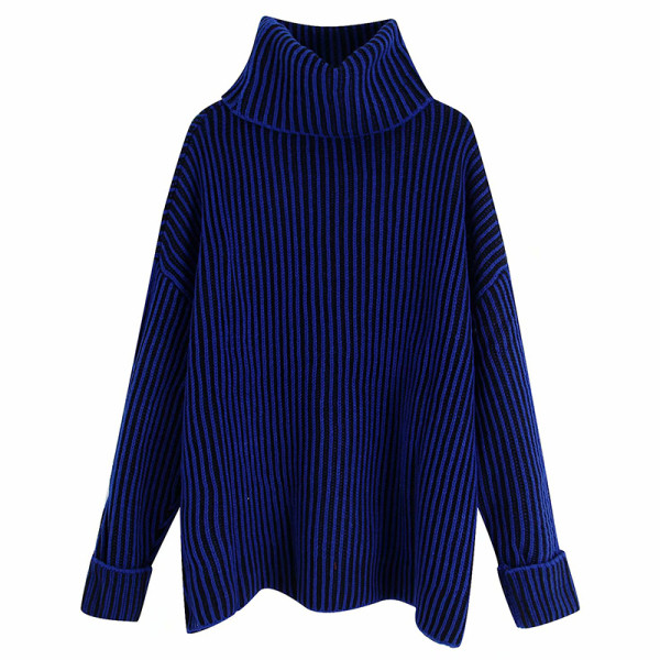 Pulover de iarna model larg cu guler polo in albastru si verde