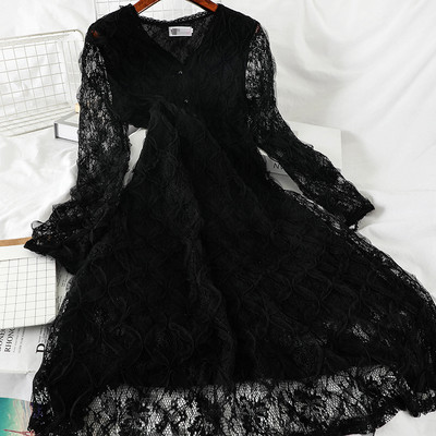 Retro stílusú csipke női ruha három színben V-nyakkal